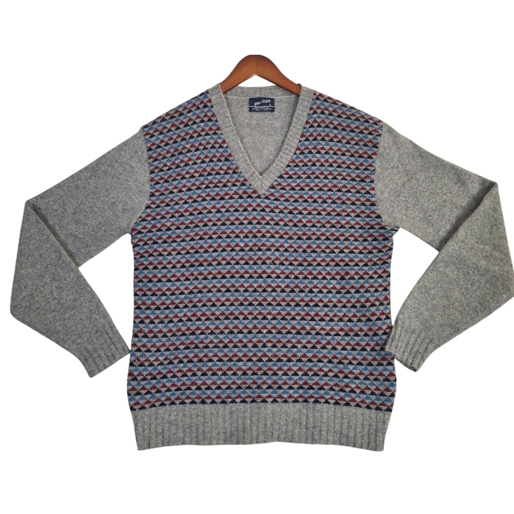 VTG Puritan Aquamatic Wool Blend V-Neck Sweater Large Gray Geometric USA Made